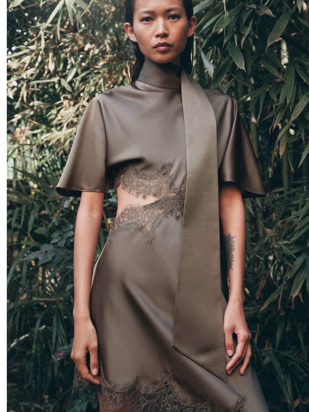 NWT Zara Olive Mink Lace-Trim Short Cut Out Dress Medium 5919/041 Satin Effect - Picture 3 of 8